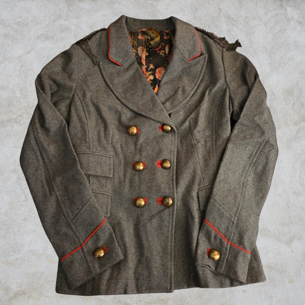 Aratta Gray Double-Breasted Wool Blend Jacket with Red Trim Floral Lining